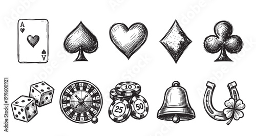 A collection of hand-drawn casino and luck icons, including playing cards, dice, roulette, chips, bell, and horseshoe, rendered in a sketchy black and white style for a vintage feel.