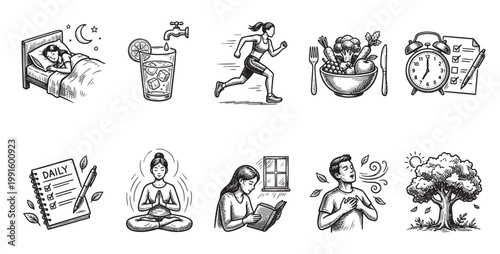 Hand-drawn vector illustrations depicting various elements of a healthy lifestyle including sleep, hydration, exercise, nutrition, time management, meditation, reading, deep breathing, and nature.
