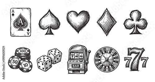 A collection of hand-drawn casino game elements including playing cards, dice, slot machine, roulette wheel and lucky sevens in a sketch style.