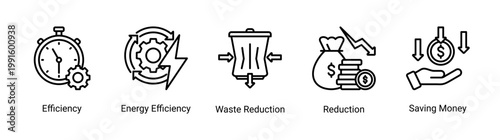 Kaizen efficiency icon set featuring cost reduction,energy efficiency,and lean management.Icon set for lean operations,cost saving,and efficiency improvement in business and industry.