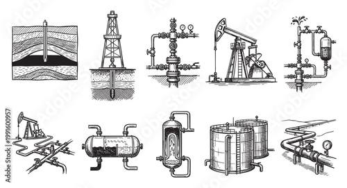 Collection of black and white hand-drawn illustrations depicting oil and gas industry equipment, including pumpjacks, rigs, tanks, and pipelines.