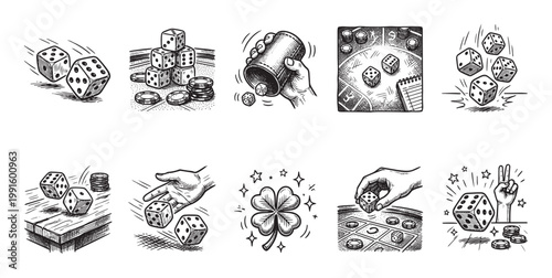 A collection of hand-drawn sketches depicting various gambling and casino game elements, including dice, chips, a lucky clover, and betting tables, rendered in a black and white graphic style.