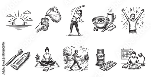 A collection of hand-drawn illustrations depicting various aspects of a healthy lifestyle, including exercise, healthy eating, and personal care, suitable for wellness and productivity themes.