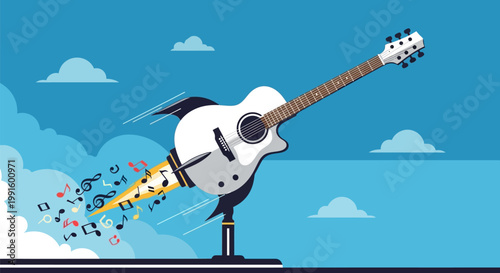 Acoustic guitar rocket flying through the sky with musical notes.