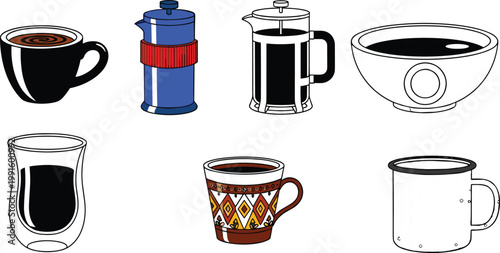 Coffee Mug and French Press Vector Icon Set with Espresso Cup, Double Wall Glass, Ceramic Bowl, Enamel Mug, and Vintage Patterned Cup for Cafe and Beverage Branding Design