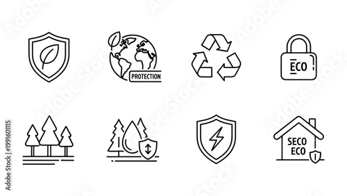 Eco-Friendly Icons: A collection of meticulously designed icons representing environmental protection, sustainability, and ecological awareness, perfect for conveying themes of nature preservation.