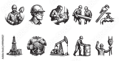 A set of hand-drawn illustrations depict various industrial scenes, including construction workers, welders, oil rigs, and equipment, showcasing a vintage aesthetic.