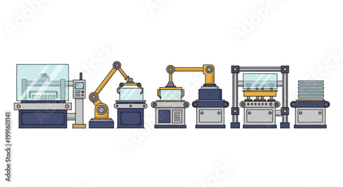 Automated Manufacturing Line with Robotic Arms and Assembly Stations.