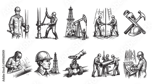 A collection of line art illustrations depicts oil rig workers performing various tasks and essential equipment used in the oil and gas industry.