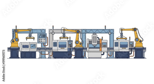 Automated Manufacturing Line with Robotic Arms and CNC Machines.