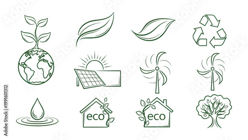 Eco-Friendly Icons: A collection of meticulously crafted line art icons celebrates environmental conservation, showcasing symbols of sustainability, renewable energy and ecological harmony. 