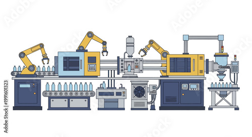 Automated Plastic Bottle Manufacturing Line with Robotic Arms and Conveyor Belts.