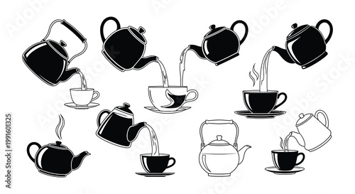 A sequence of teapots pouring into cups creating a flowing design