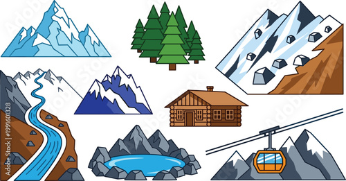 Mountain and Nature Vector Icon Set with Snowy Peaks, Pine Trees, Cabin, River, Lake, Cable Car, and Rocky Landscape for Travel, Adventure, and Outdoor Recreation Design