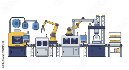 Automated Manufacturing Production Line with Robotic Arms and Machinery.