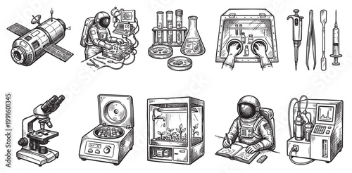 Hand drawn collection of scientific instruments and space exploration tools, featuring an astronaut in a lab coat and a spacesuit, for research and development concepts.
