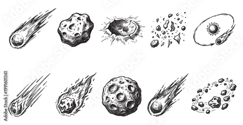 Hand-drawn black and white sketches depict various celestial bodies like comets, asteroids, and impact craters, showcasing cosmic events and space exploration themes.
