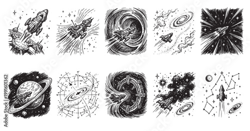 A set of vintage black and white ink drawings depicting various spacecraft navigating nebulae, galaxies, and wormholes in outer space.