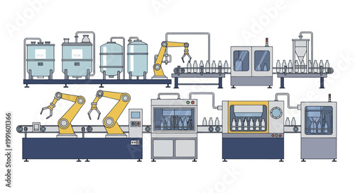 Automated Production Line with Robotic Arms and Bottling Machines.