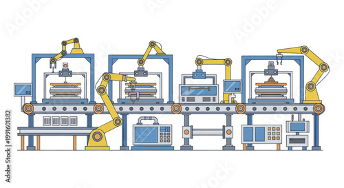 Automated production line with robotic arms and conveyor belt system.