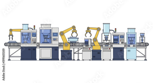 Automated Production Line with Robotic Arms and Conveyor Belt System.