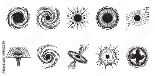 A collection of hand-drawn black hole illustrations depict various phenomena like accretion disks, gravitational lensing, and stellar capture, in a monochromatic sketch style.