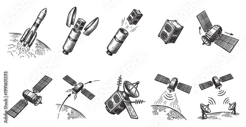 Hand-drawn illustration depicting stages of a space mission including rocket launch satellite deployment and communication from orbit to earth with antennas.