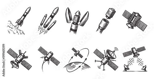 Collection of hand-drawn sketch icons depicting rockets launching and satellites orbiting Earth, representing space exploration and communication technologies.