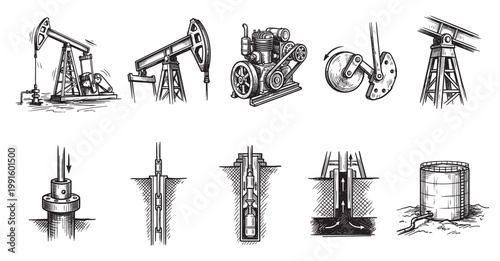 A collection of hand-drawn illustrations depicting various aspects of the oil and gas industry, including pumpjacks, engines, drilling equipment, and storage tanks.