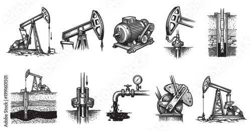 A collection of detailed black and white illustrations depicting oil pumpjacks, drilling equipment, and oil extraction processes, suitable for industrial or educational contexts.