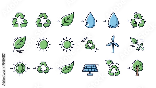 Environmental Icons: A comprehensive set of eco-friendly icons representing concepts like recycling, renewable energy, and nature, all aligned in a visually appealing and organized layout.