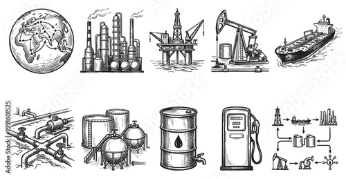 This black and white illustration set depicts various elements of the global energy industry, including oil production, refining, storage, and transportation, with a world map showing distribution.