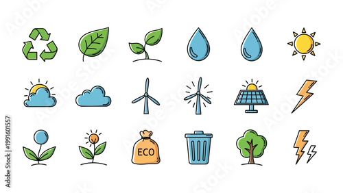 Eco-Friendly Icons: A vibrant collection of eco-friendly icons that symbolize sustainability, energy efficiency, and environmental awareness, promoting a greener and more conscious world.