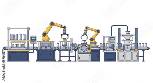 Automated Production Line with Robotic Arms and Conveyor System.