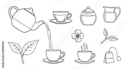 A sequence of teapots pouring into cups creating a flowing design