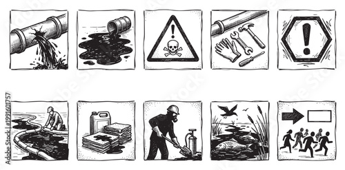 This illustration series depicts various environmental hazards and responses, including pollution, chemical spills, and safety measures, in a graphic, hand-drawn style.