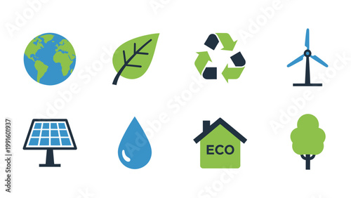 Eco-Friendly Icons: A collection of vibrant icons represents various elements of environmental sustainability and eco-consciousness, promoting a message of conservation and responsible living.