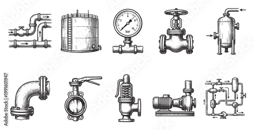 Collection of vintage-style line drawings depicting various industrial plumbing components, including tanks, gauges, valves, pumps, and piping systems, useful for technical illustrations.