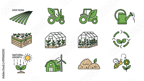 Eco-Friendly Farming Elements: This collection of icons portrays a commitment to sustainable agriculture, depicting essential elements such as tractors, crop rows, and greenhouses.