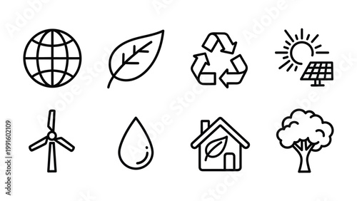 Eco-Friendly Icons: A collection of minimalist line icons representing sustainability, environmental consciousness, and eco-friendly practices.