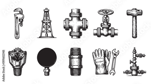 This vintage illustration showcases a collection of oil and gas industry tools and equipment, including a drilling rig, pipe fittings, valves, a wrench, gloves, and a sledgehammer.