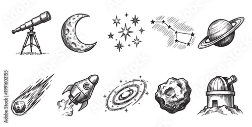 A collection of black and white hand-drawn icons representing space and astronomy, including a telescope, moon, stars, rocket, planets, and observatory.