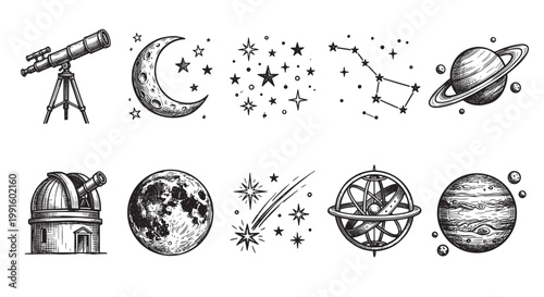 A collection of hand-drawn black and white illustrations depicting celestial bodies, telescopes, and astronomical instruments, evoking a sense of wonder and scientific exploration.