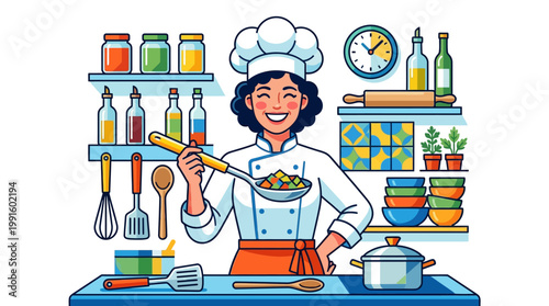 Smiling Chef in Kitchen Uniform Cooking.