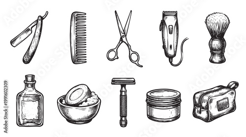 Hand-drawn sketch of vintage barber tools including razor, comb, scissors, clipper, brush, bottle, soap bowl, safety razor, cream jar and toiletry bag.