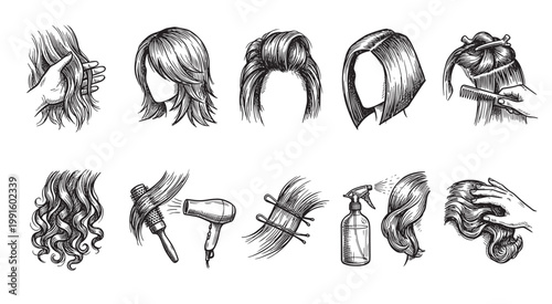 A collection of hand-drawn black and white illustrations depicting various hairstyles and essential hairdressing tools, suitable for beauty and salon themes.