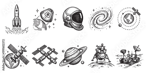 A collection of hand-drawn black and white icons depicting various aspects of space exploration, including rockets, satellites, planets, and spacecraft.