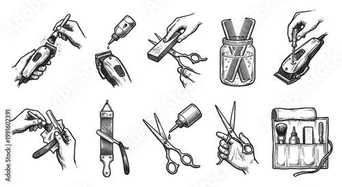 A set of vintage-style hand-drawn illustrations depicting various barber tools and their use, such as clippers, scissors, razors, combs, and oil bottles, perfect for design projects.