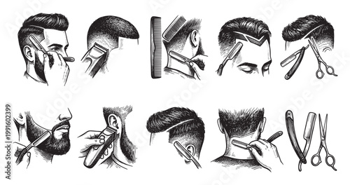 This is a collection of vintage-style black and white illustrations depicting various barbering tools and actions, such as haircuts and beard trims, ideal for grooming or retro design projects.