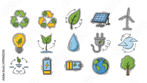 Canvas Print Sustainable Symbols: A collection of vibrant icons representing eco-friendly concepts, renewable energy, and environmental consciousness, promoting a greener future for all
